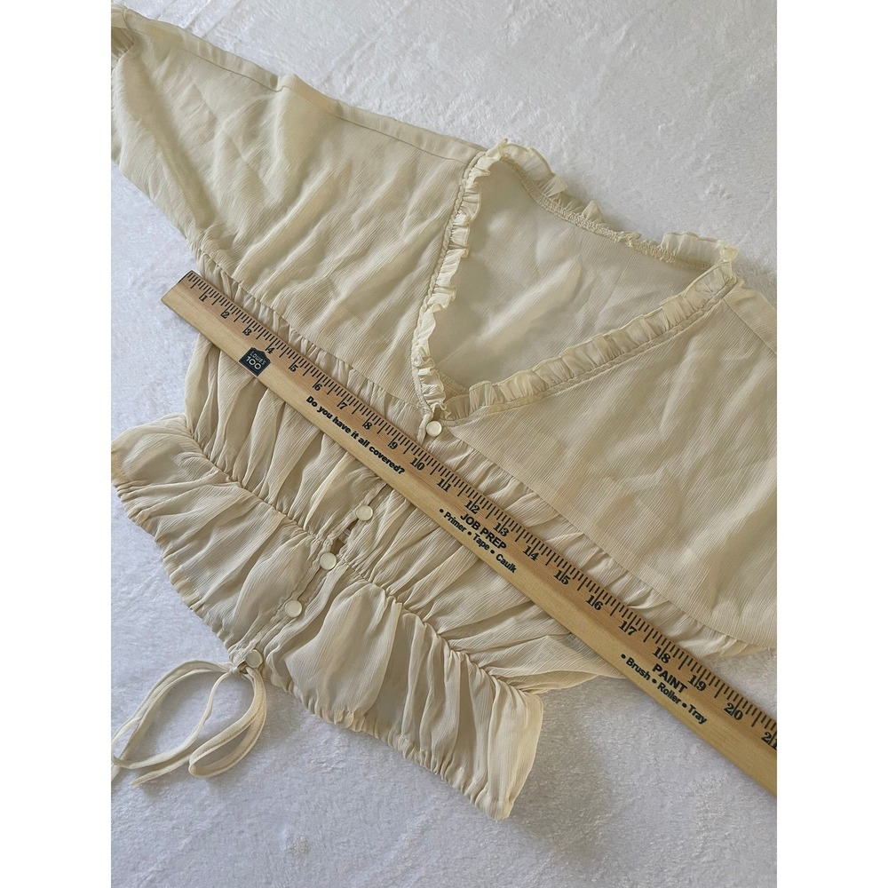 Forever 21 Cream Chiffon Ruffle V-Neck Cropped Blouse Balloon Sleeve Small - Picture 4 of 12
